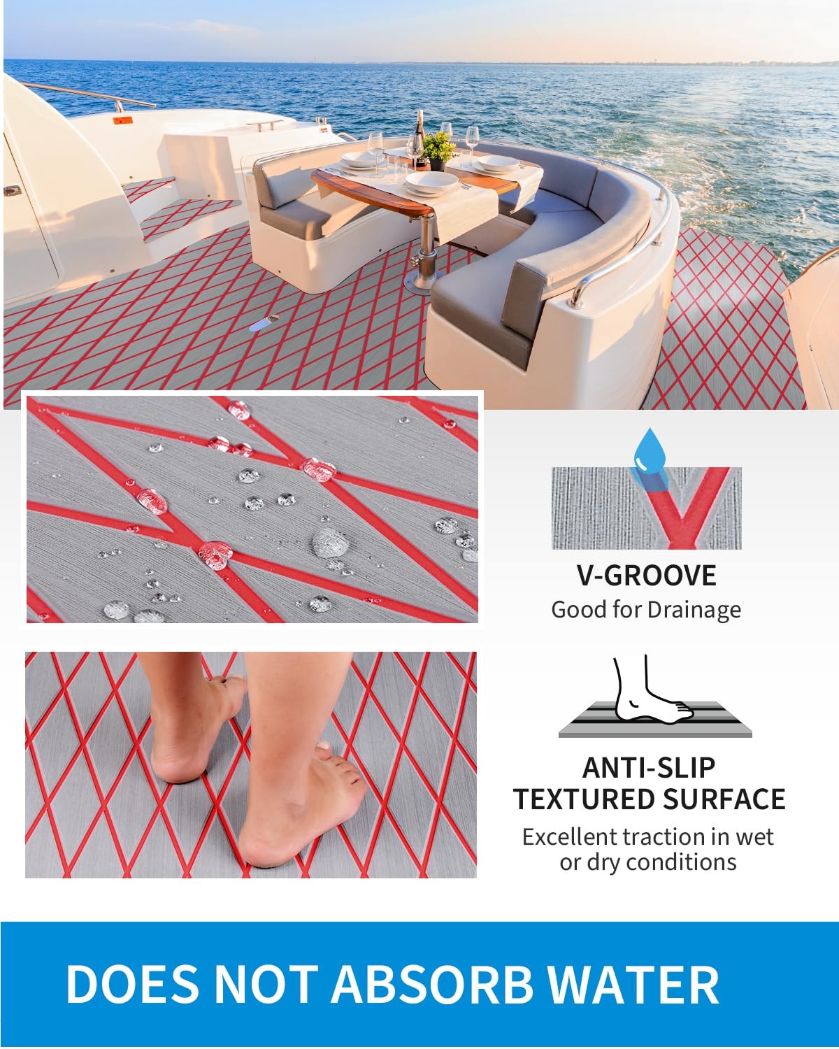 Oceanbroad Cnc Cut Boat Flooringself-Adhesive 96X22.5 Gray/Redlines