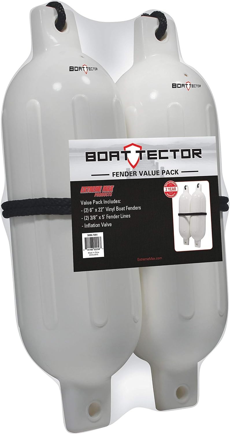 2 BoatTector Inflatable Fenders – White, 6.5″ x 22″