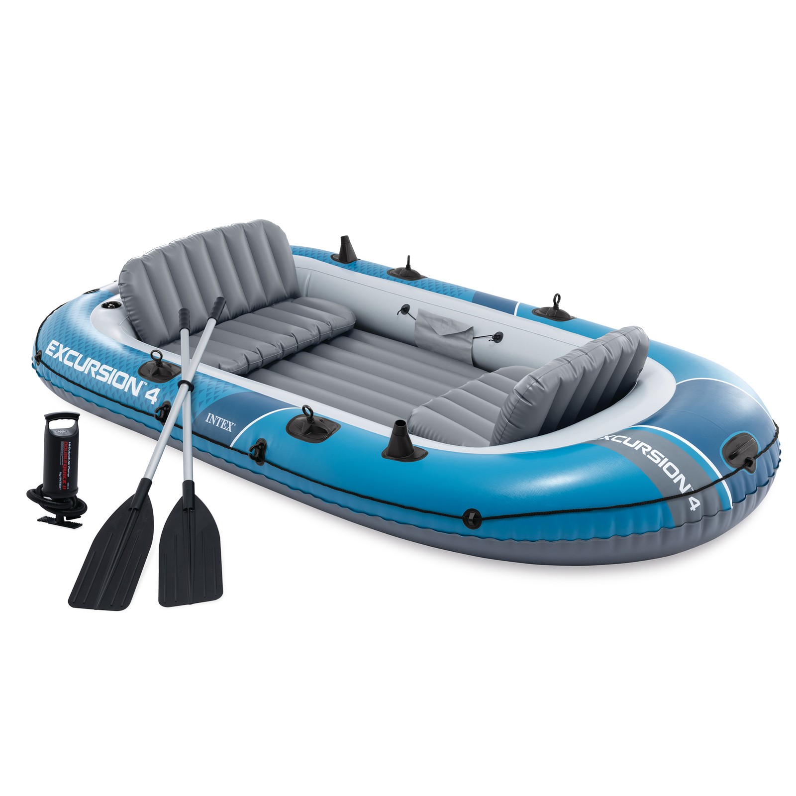 INTEX 66324EP Excursion 4 Inflatable Boat Set with 54″ Oars, Pump, & Rod Holders