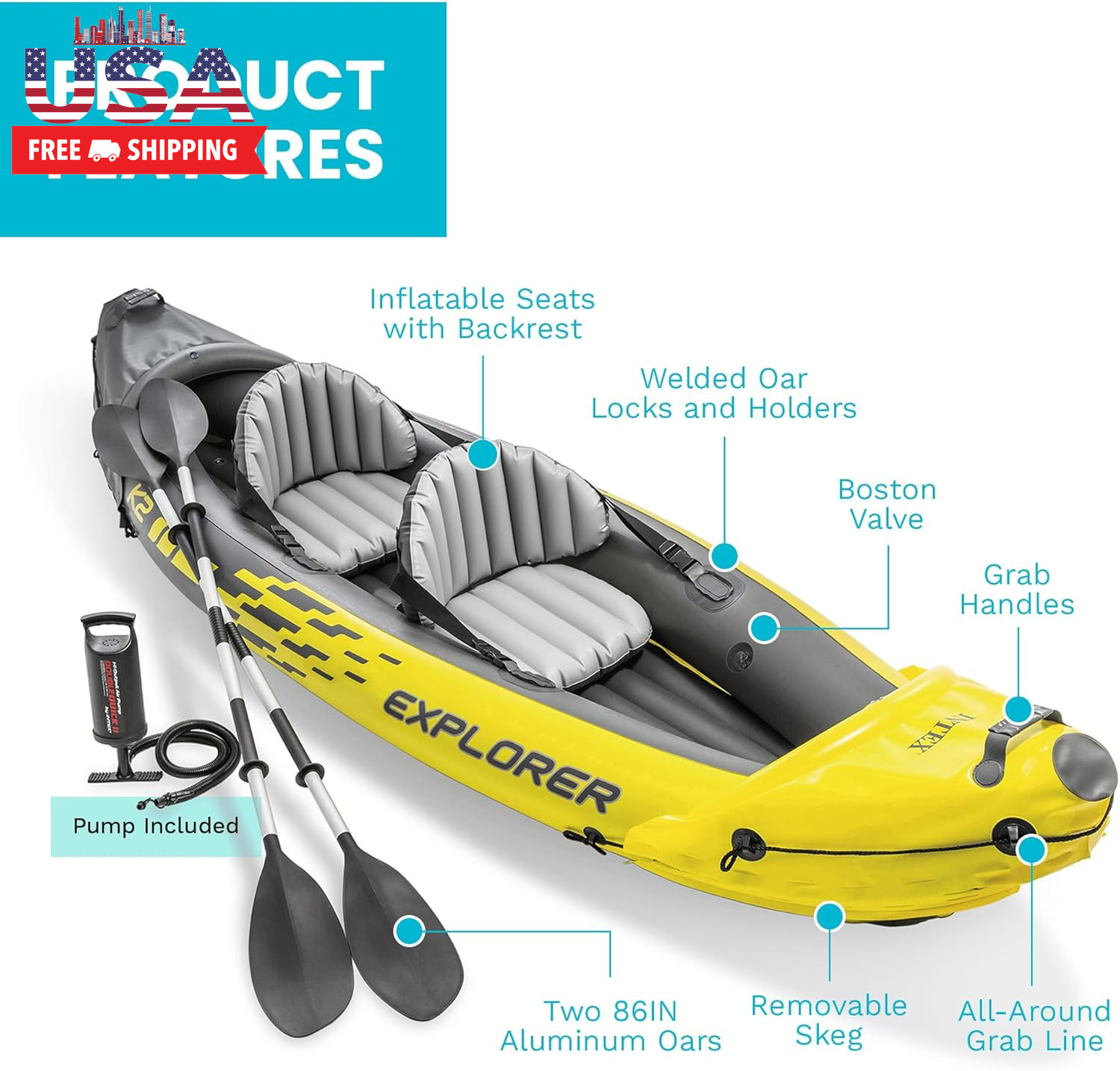 Intex 68307EP Explorer K2 Inflatable Kayak Set: Includes Deluxe 86In Aluminum Oa