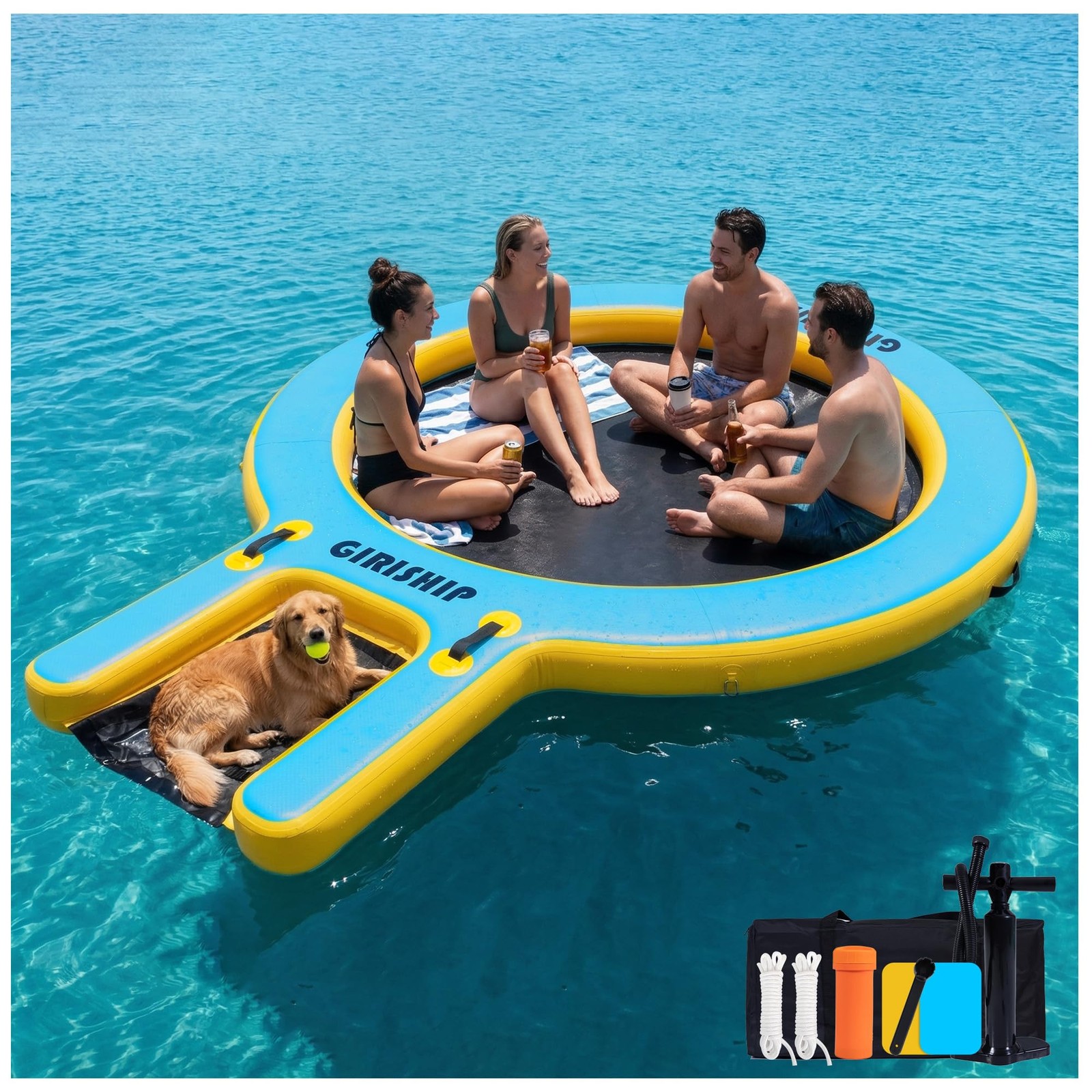 GIRISHIP Inflatable Water Hammock,Round Floating Ring 10FT, Blue Yellow+Black
