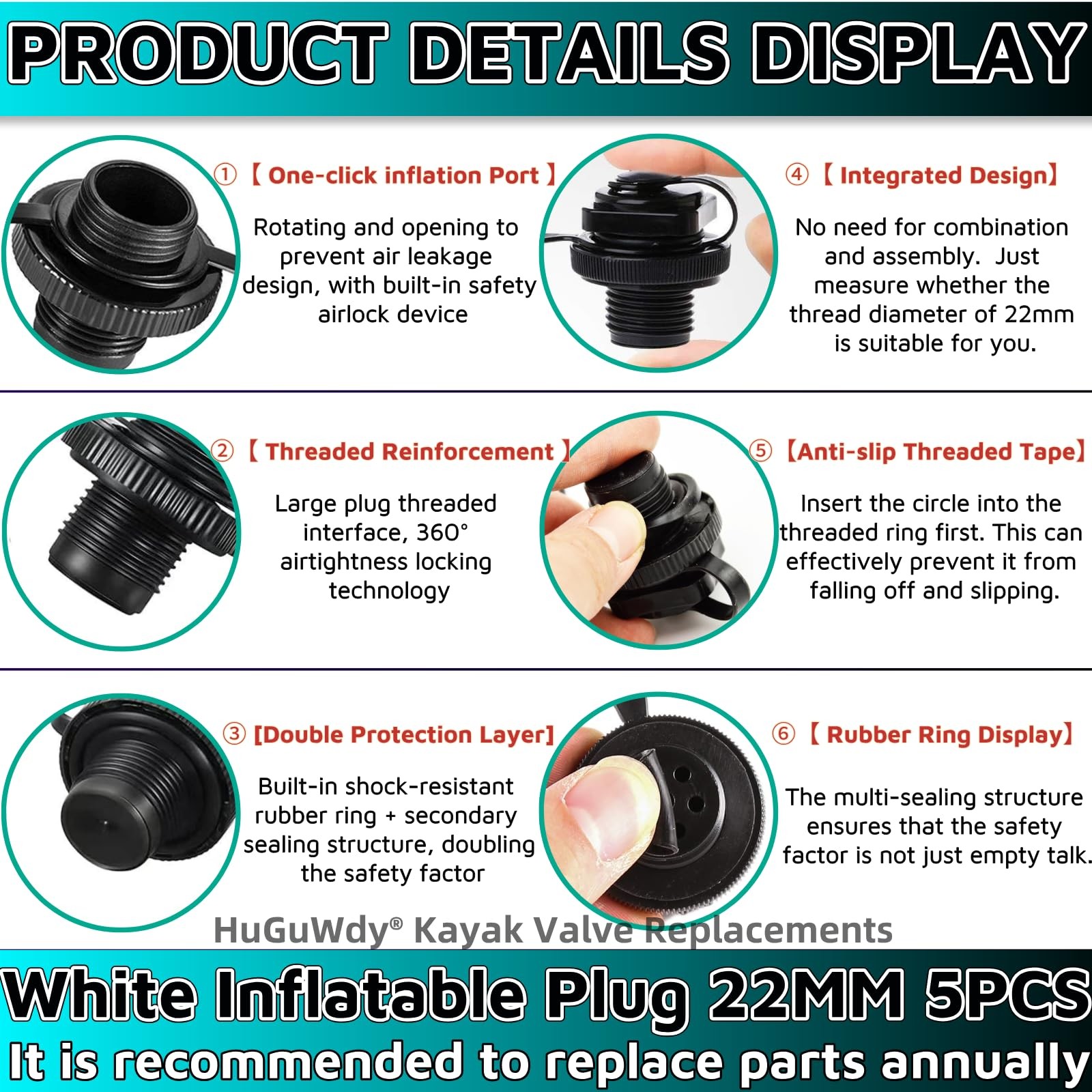 Inflatable Kayaks Boat Plug 5PCS,20MM Threaded Diameter 20 millimeters, White