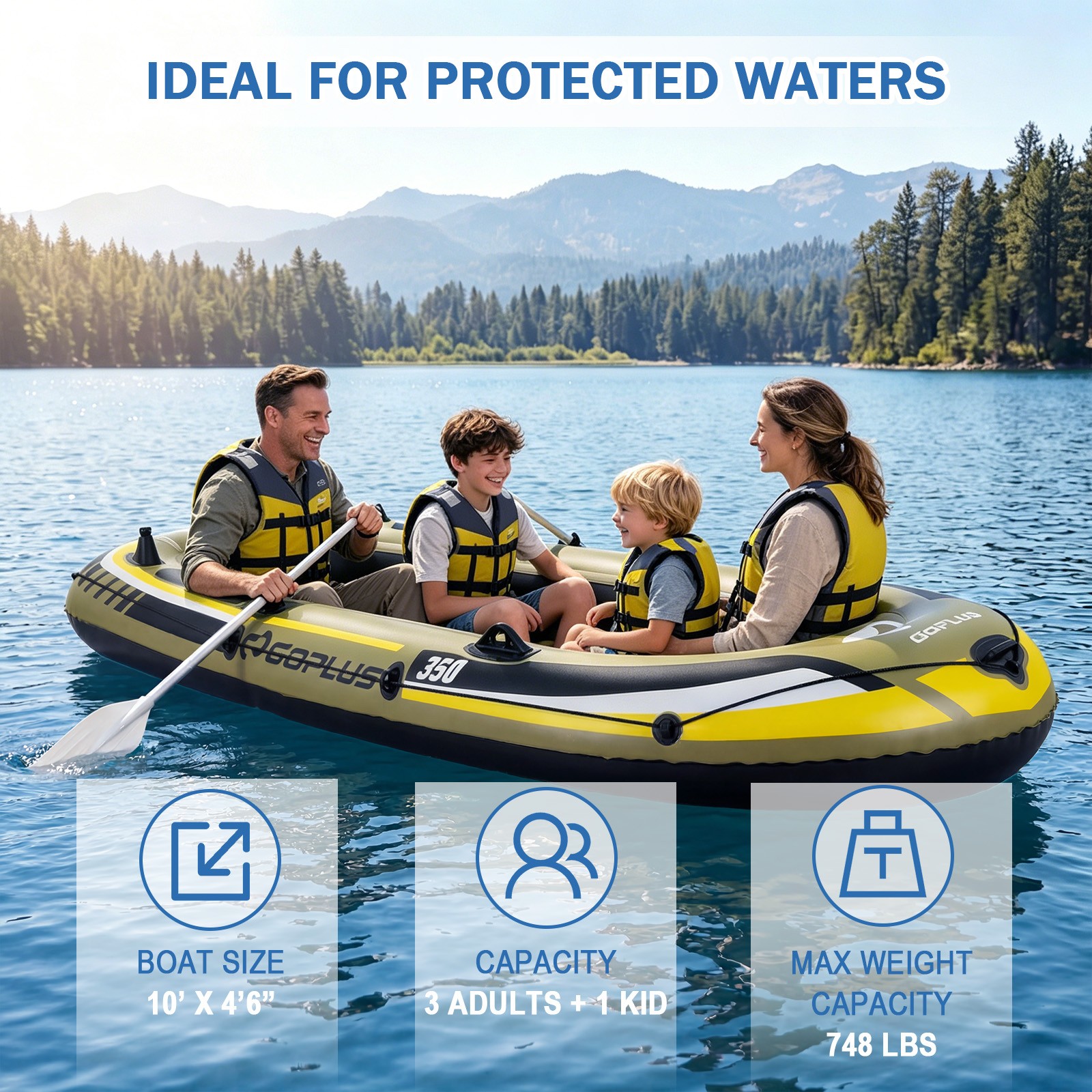 Heavy-Duty Inflatable Boat 4-Person Fishing Raft Set for 3 Adults and 1 Kid