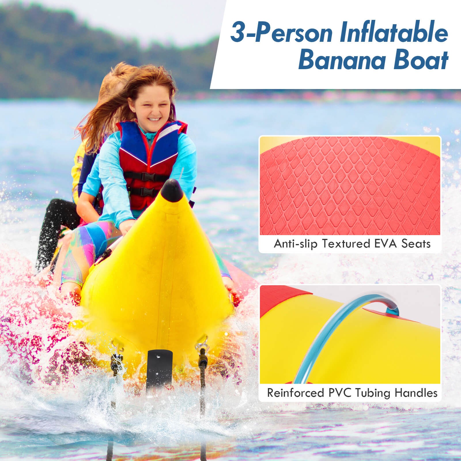 3-Person Inflatable Banana Boat w/ Boating & Water Sports Electric Air Pump