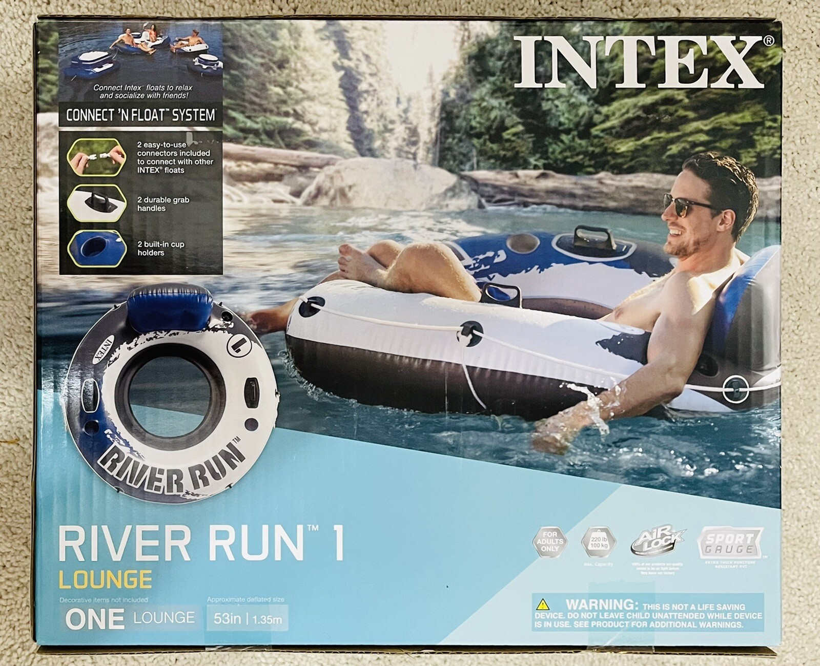 NEW Intex River Run 1 Person River Tube White Blue Mesh Bottom Two Cup Holders