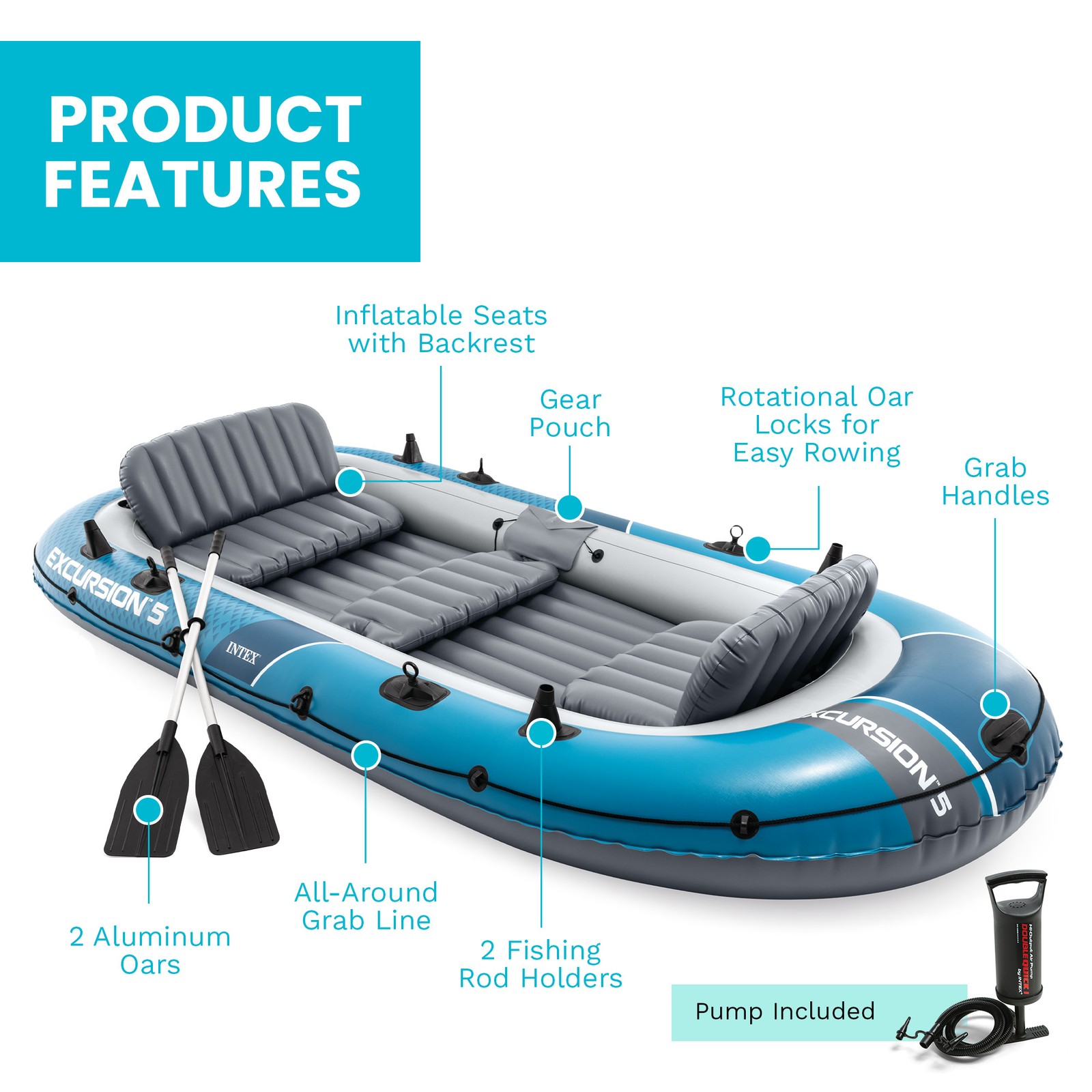 INTEX Excursion 5 Inflatable Boat Set with 54″ Oars, Pump, & Rod Holders (Used)