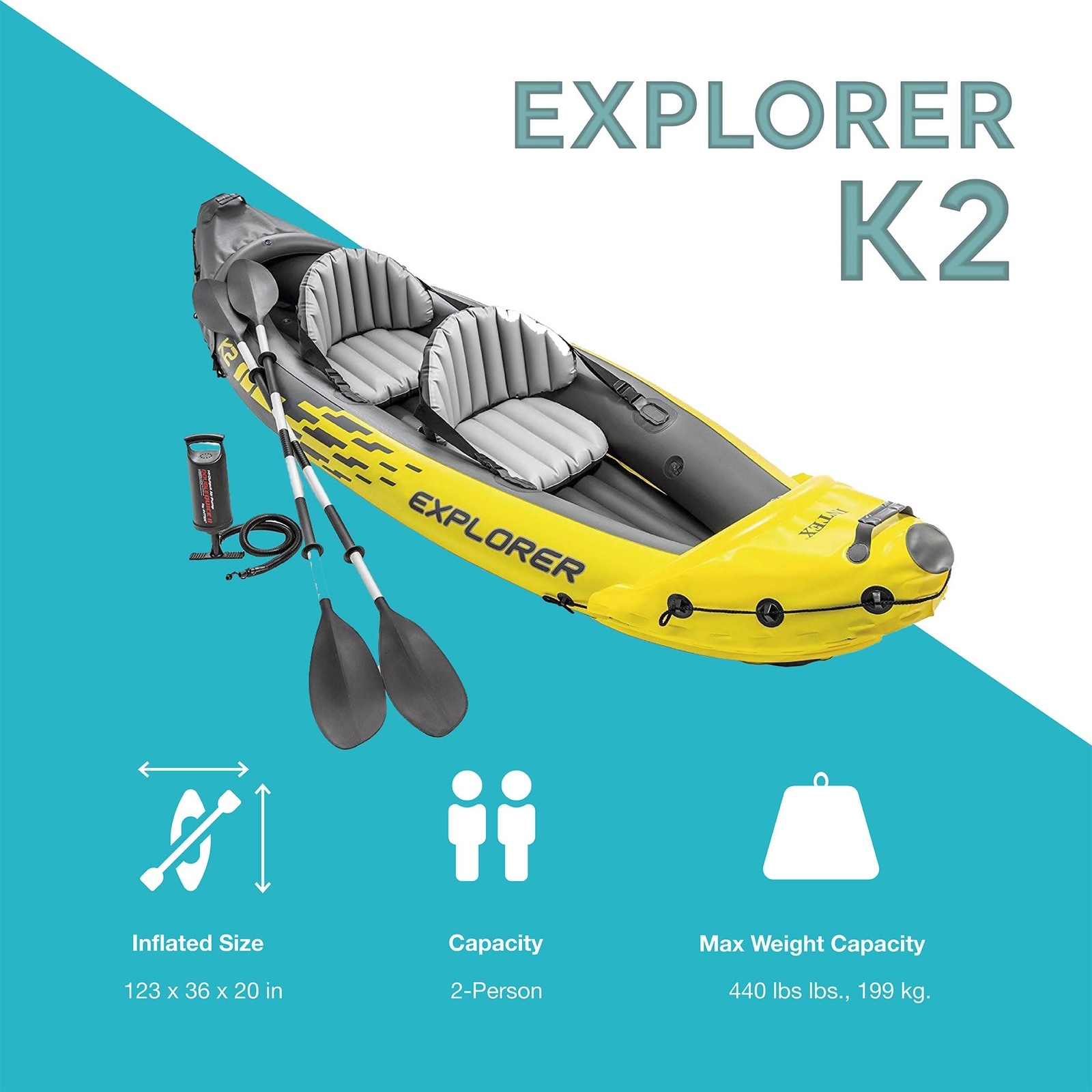 2 Person Yellow Inflatable Kayak Lightweight Compact Adventure Ready