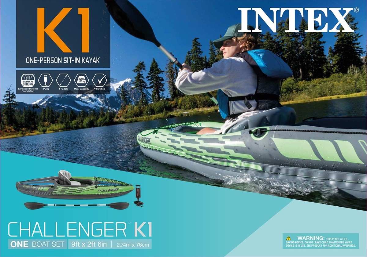 Intex Challenger K1 Inflatable Kayak with Oars and Pump Green/Blue 2Pack