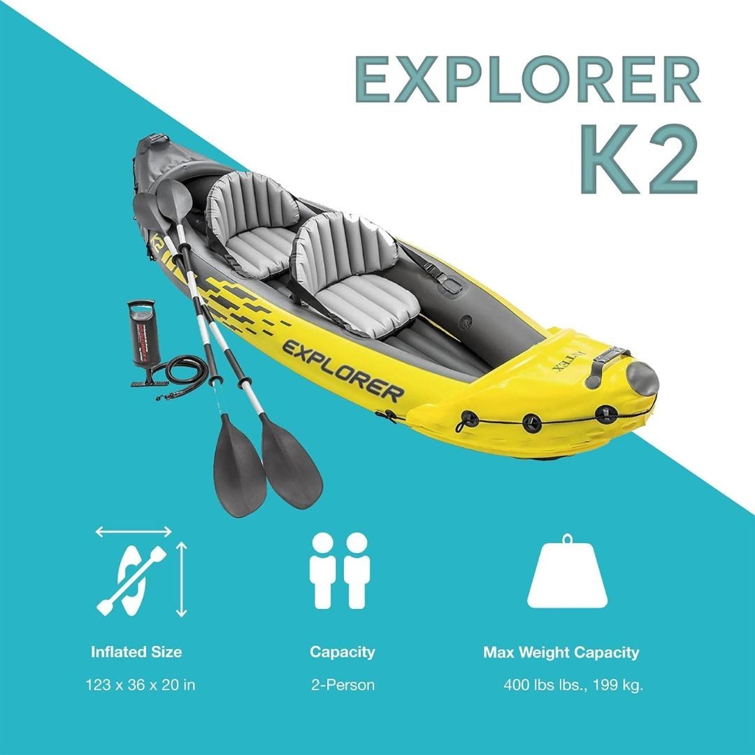 Intex Kayak Explorer 2-Person Inflatable K2 W/Aluminum Oars & Air Pump Kayak Set