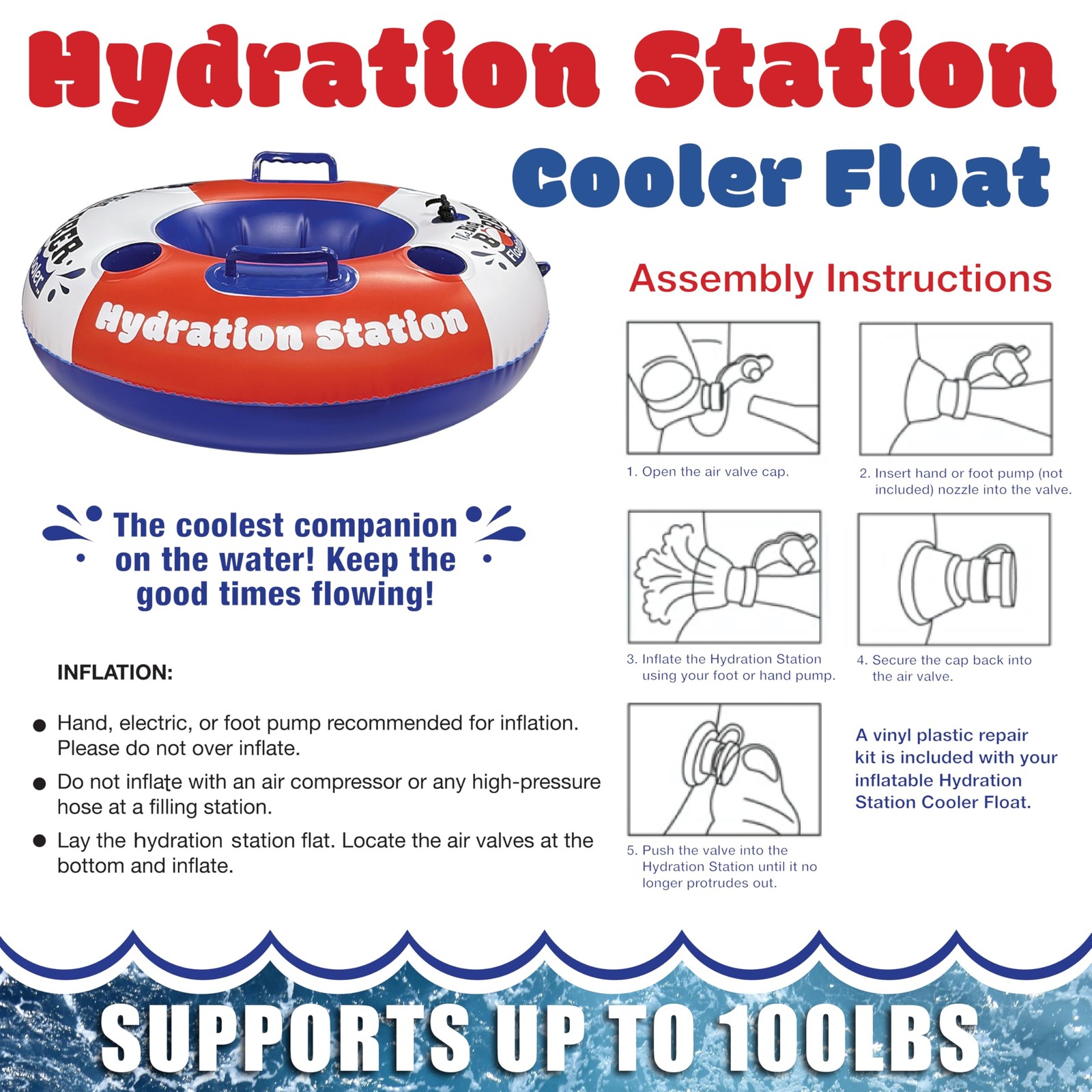 AccuSharp Hydration Station Inflatable Cooler Float, 26.75″, Red, White, Blue