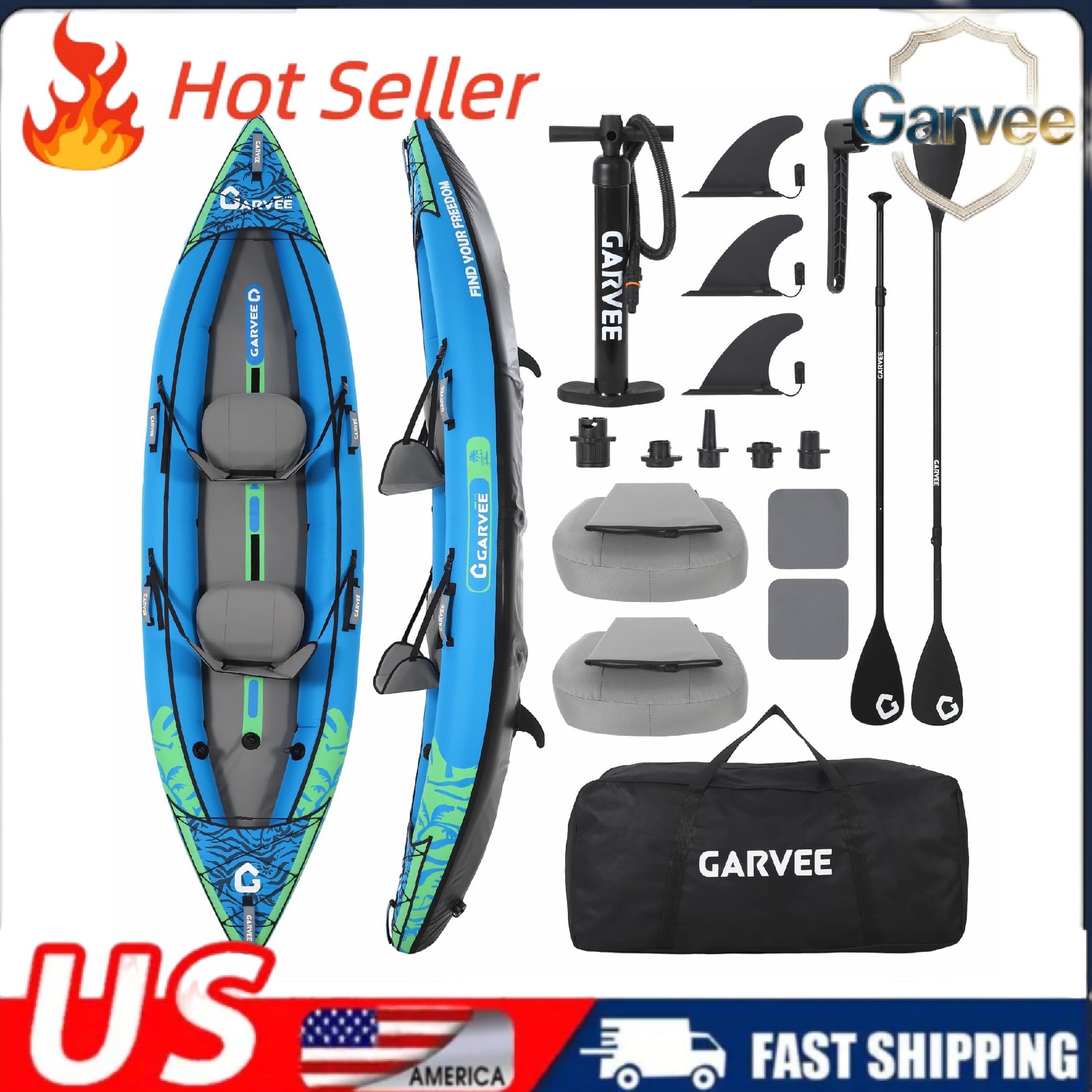Portable 2 Person Inflatable Kayak 12.5FT Fishing Kayak Adults Padded Seats