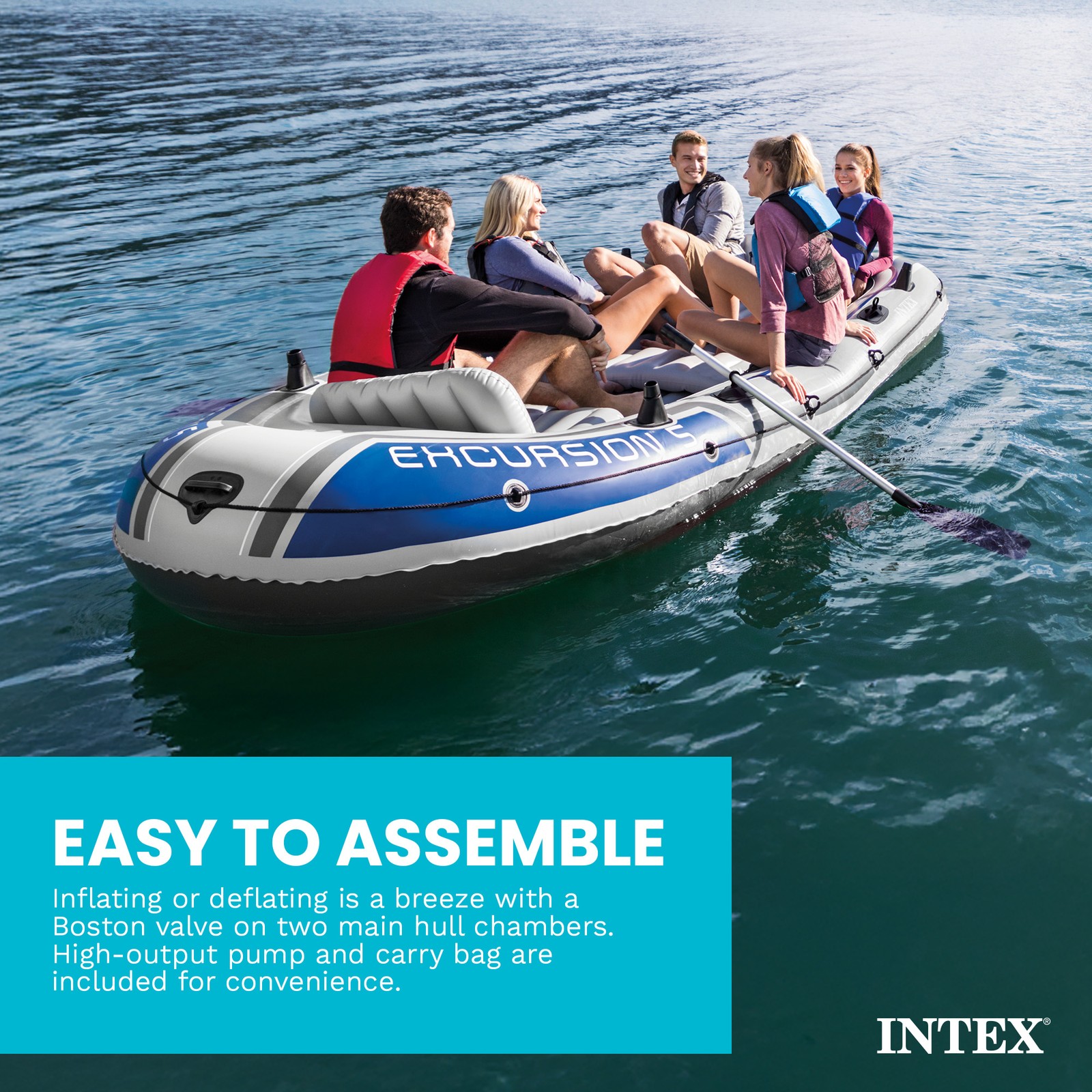 Intex 5 Person Fishing Boat Set w/2 Oars & Eight Speed Trolling Motor