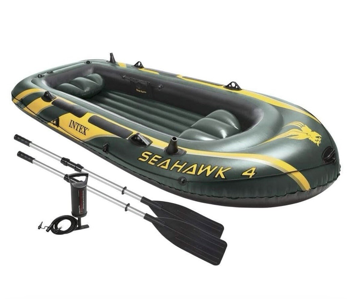 Intex 68351EP Seahawk 4 Inflatable Boat Set with Oars and Air Pump