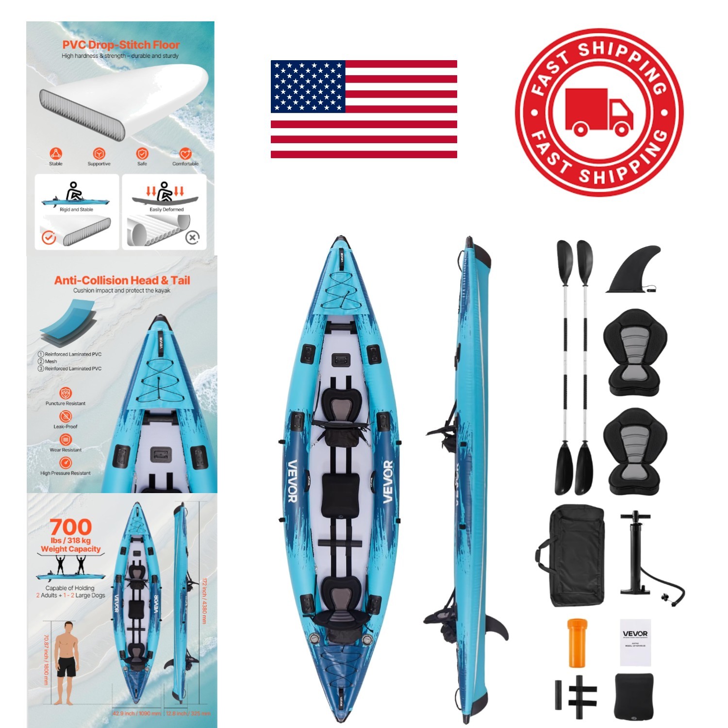 Recreational Inflatable Kayak 2 Person Lightweight with Adjustable Backrests