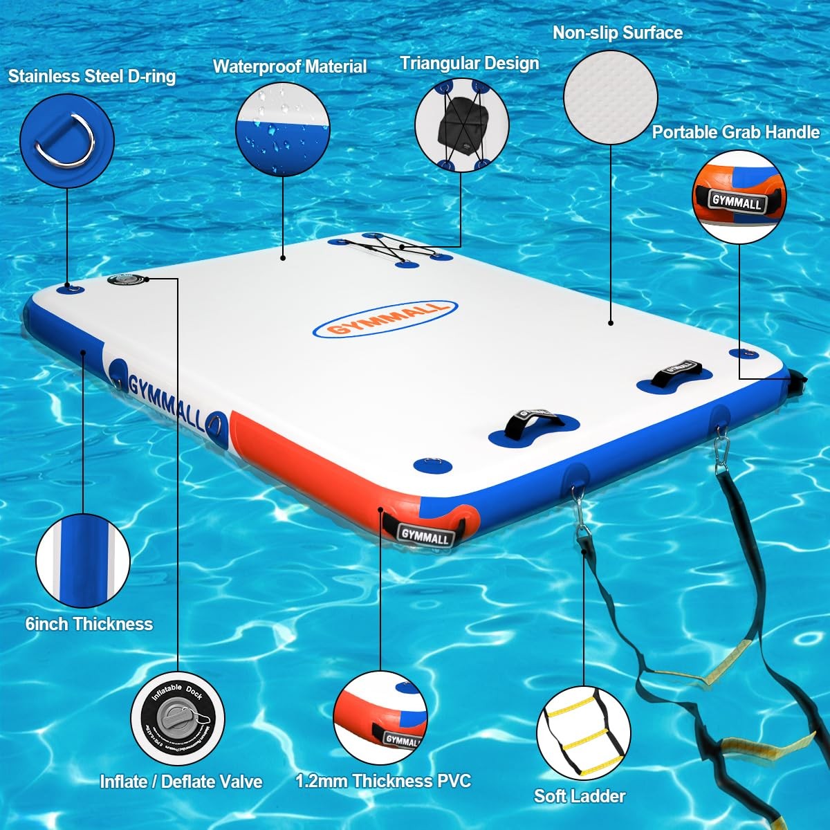 GYMMALL Inflatable Floating Dock Platform 6ft x 5ft 6in Thick None-Slip Surface