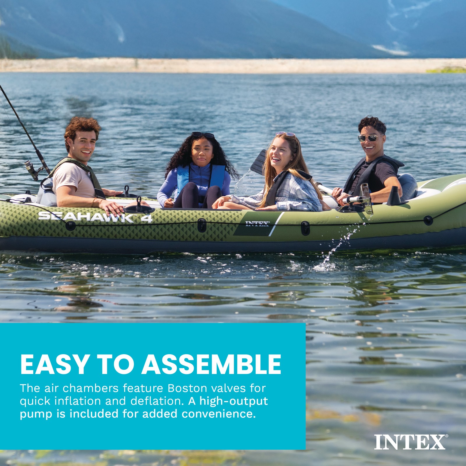 INTEX 66334EP Seahawk 4 Inflatable Boat Set with 54″ Oars, Pump, & Rod Holders