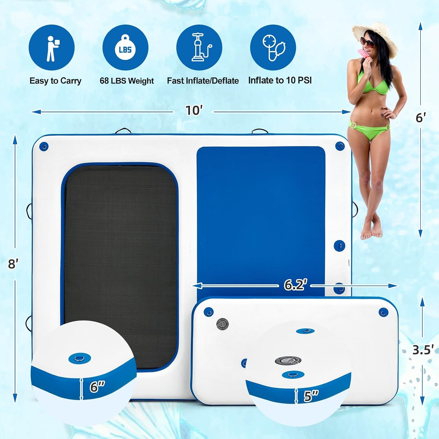 10’x8′ Inflatable Floating Dock Platform White Polyester EVA Mat with Pump