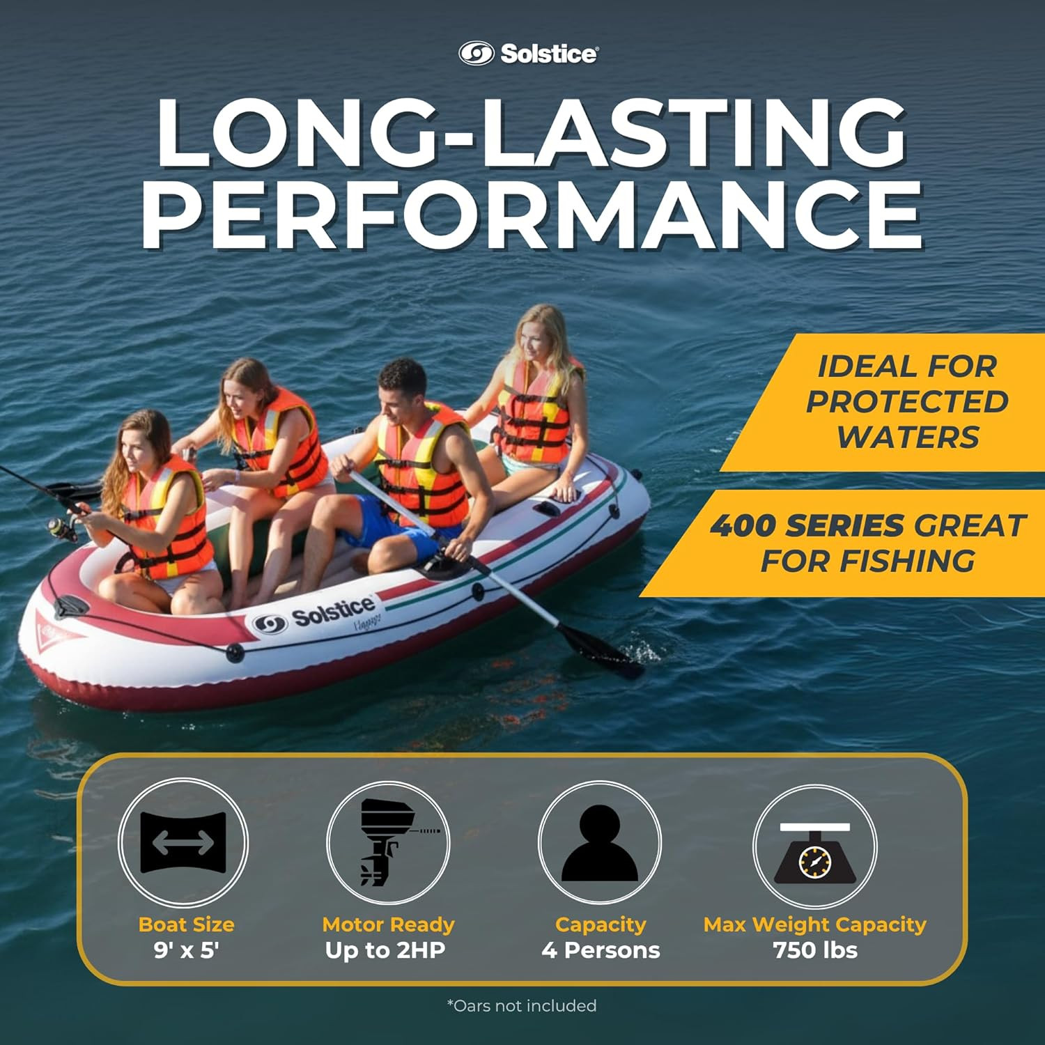 Solstice Voyager 4-Person Inflatable Fishing Boat with Dual Swivel Oar Locks and