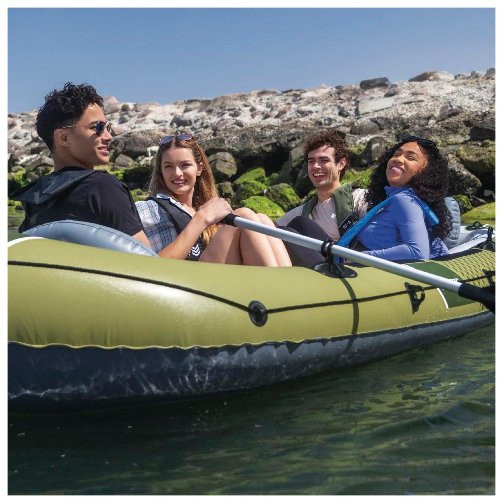 INTEX 66334EP Seahawk 4 Inflatable Boat Set with 54″ Oars, Pump, & Rod Holders