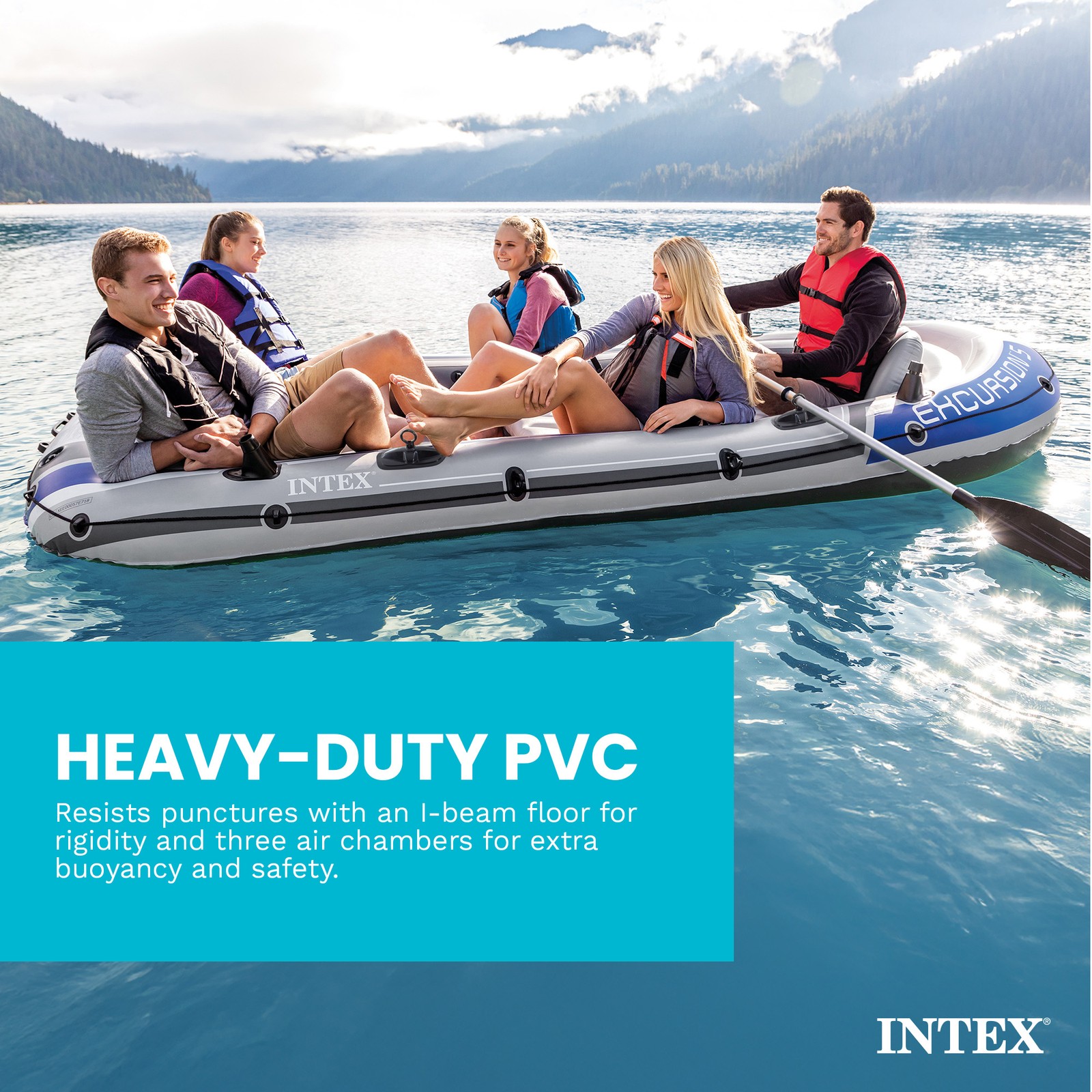 Intex 5 Person Fishing Boat Set w/2 Oars & Eight Speed Trolling Motor