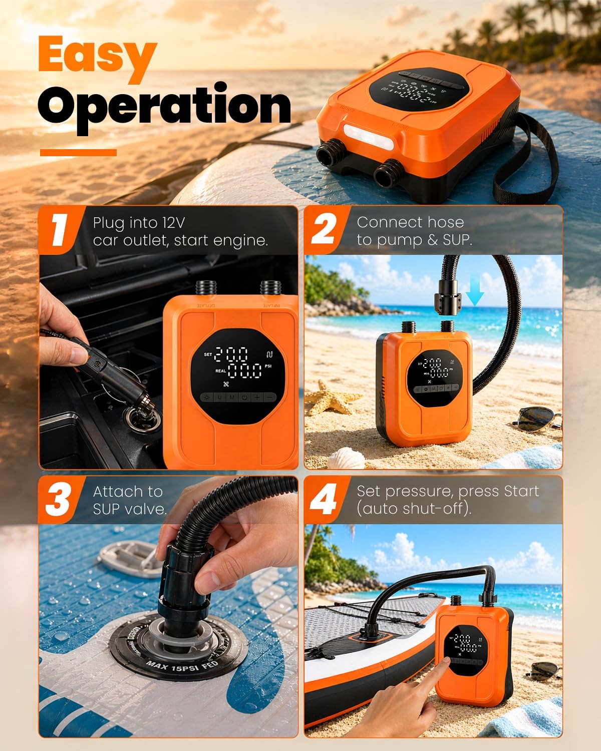 12V Car-Powered Paddle Board Pump, Electric SUP Pump with Compact, Orange