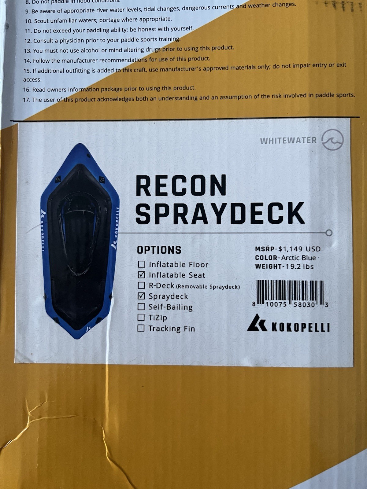 Kokopelli Recon Spraydeck Whitewater Inflatable Packraft – 90″, Sit-In $1,149